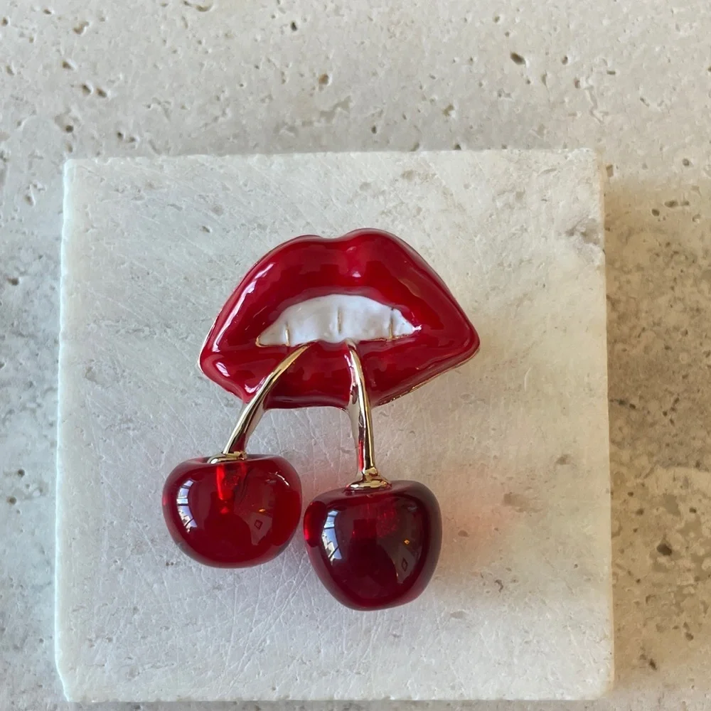 Anthropologie Red Lip and Cherry Brooch